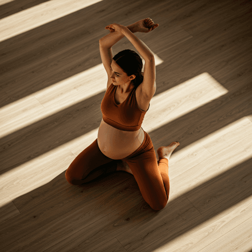 A woman practicing gentle prenatal yoga in warm sunlight